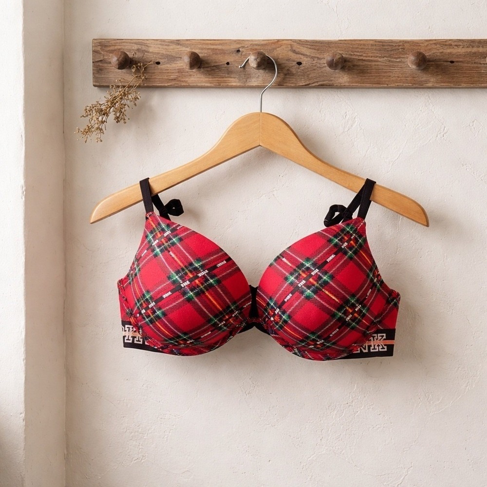 Victoria's‎ Secret PINK Push Up Bra Women 36DD Red Plaid Good Festive Sporty